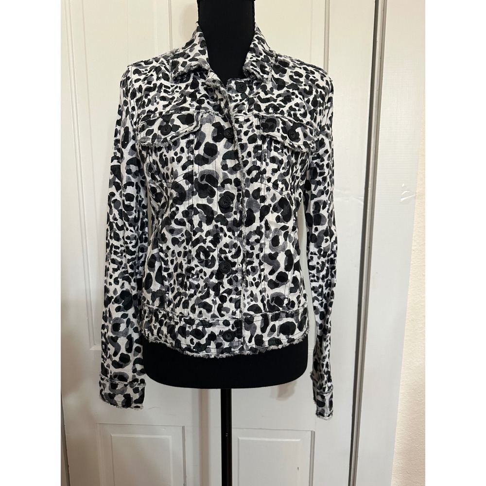 Tommy Bahama Women XS Linen Leopard Print Trucker Jacket Black White Frayed Hem